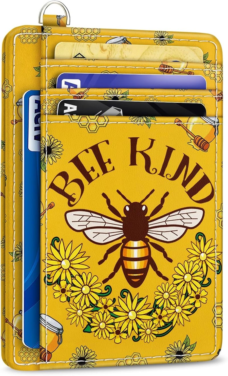Yonlevres Credit Card Holder Slim Wallet, Bee RFID Wallet Women Front Pocket Small Card Holder, Travel Cute Funny Thin Card Case ID Window PU Leather RFID Blocking Card Organizer Gifts Girls Ladies - Image 1
